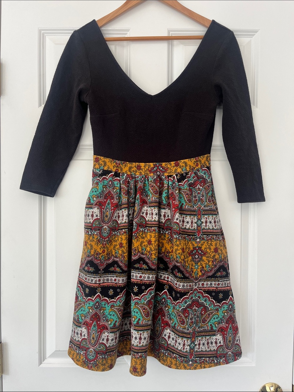 Anthropologie Black Bodice with Multicolor Paisley Skirt Dress
